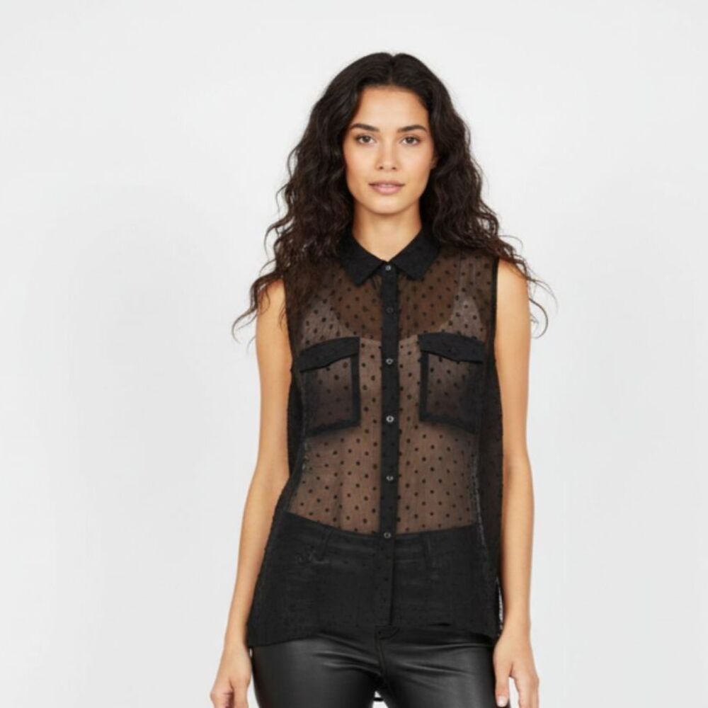 Express Black Sleeveless Sheer Button Up Polka Dot Top Blouse NEW S